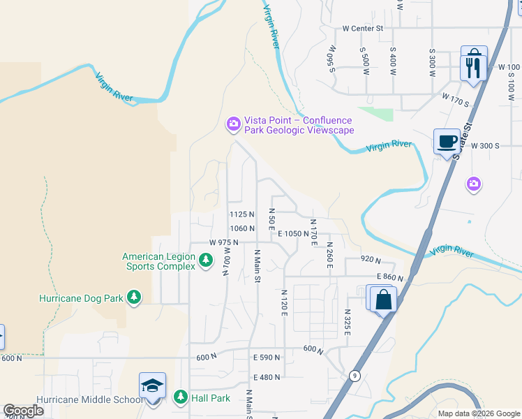 map of restaurants, bars, coffee shops, grocery stores, and more near 1128 North Main Street in Hurricane