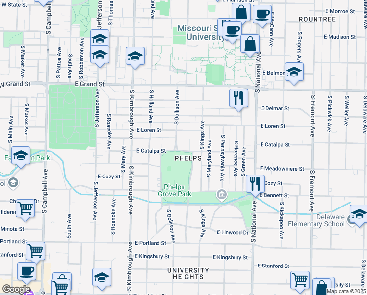 map of restaurants, bars, coffee shops, grocery stores, and more near 1166 South Virginia Avenue in Springfield