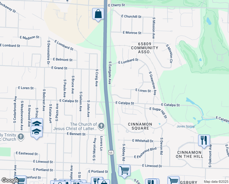 map of restaurants, bars, coffee shops, grocery stores, and more near 3409 East Stanhope Terrace in Springfield