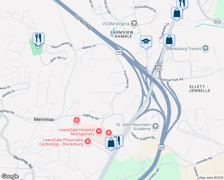 map of restaurants, bars, coffee shops, grocery stores, and more near 306 Grandview Drive in Blacksburg