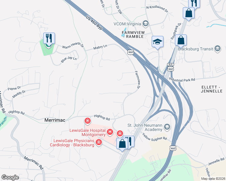 map of restaurants, bars, coffee shops, grocery stores, and more near 402 Grandview Dr in Blacksburg