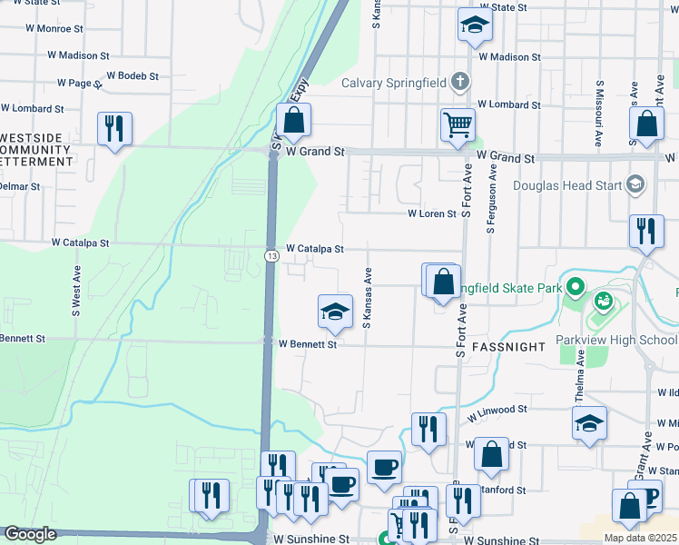map of restaurants, bars, coffee shops, grocery stores, and more near 1221 S Kansas Ave in Springfield