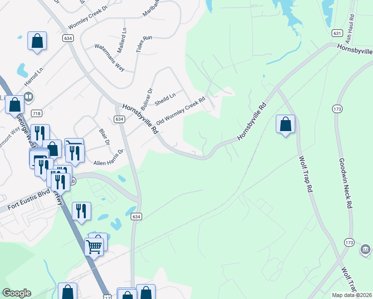 map of restaurants, bars, coffee shops, grocery stores, and more near 505 Hornsbyville Road in Yorktown