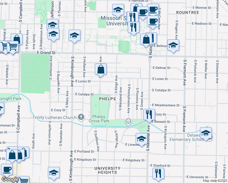 map of restaurants, bars, coffee shops, grocery stores, and more near 1166 South Virginia Avenue in Springfield
