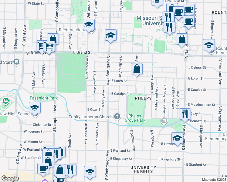 map of restaurants, bars, coffee shops, grocery stores, and more near 617 East Catalpa Street in Springfield