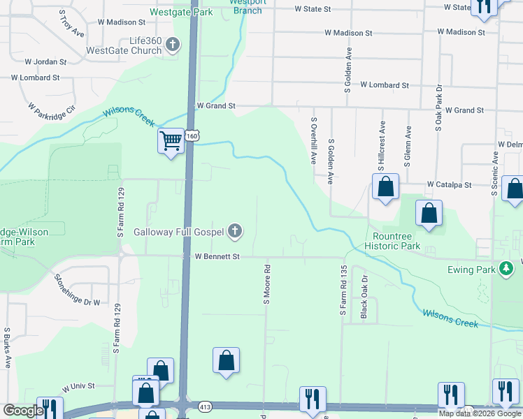 map of restaurants, bars, coffee shops, grocery stores, and more near 1246 South Brite Avenue in Springfield