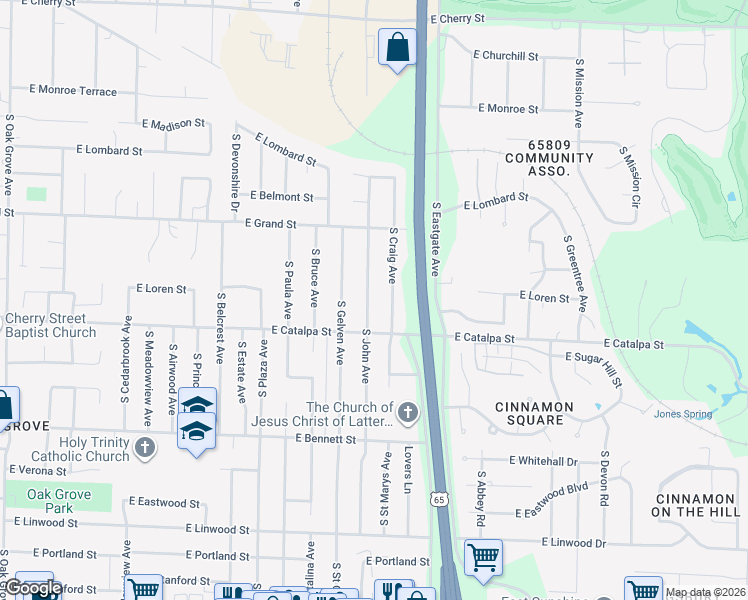 map of restaurants, bars, coffee shops, grocery stores, and more near 1128 South John Avenue in Springfield