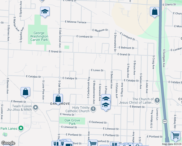 map of restaurants, bars, coffee shops, grocery stores, and more near 1134 South Cedarbrook Avenue in Springfield