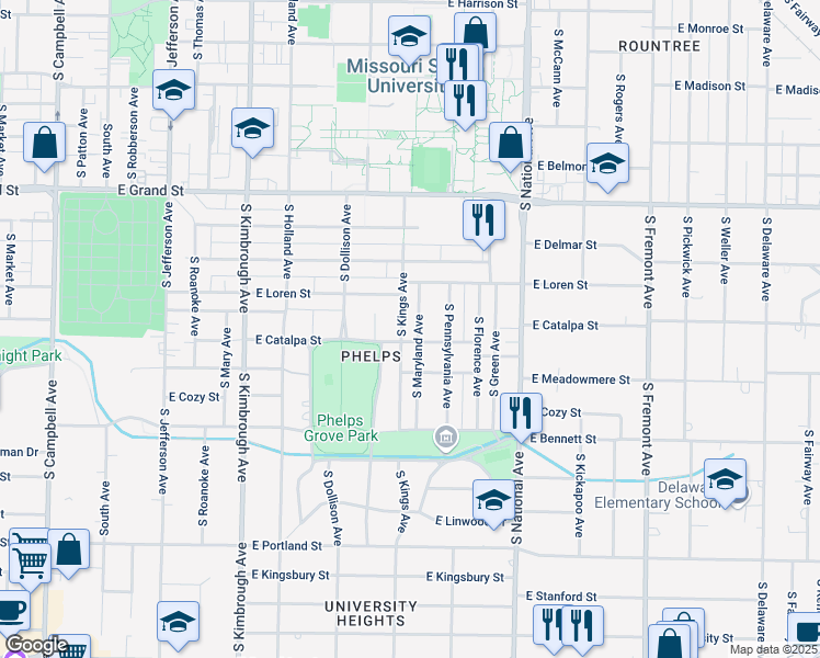 map of restaurants, bars, coffee shops, grocery stores, and more near 1177 South Maryland Avenue in Springfield