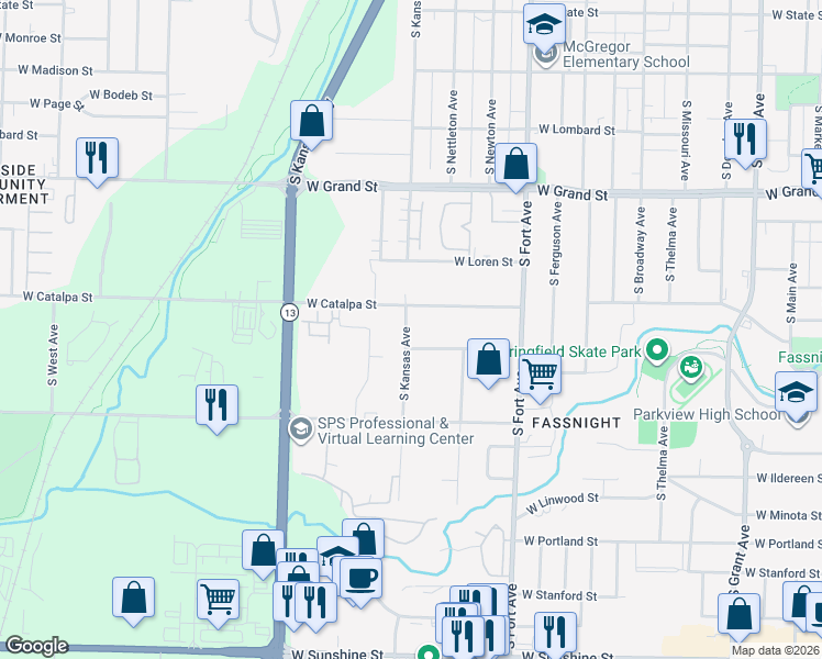 map of restaurants, bars, coffee shops, grocery stores, and more near 1505 W Meadowmere St in Springfield