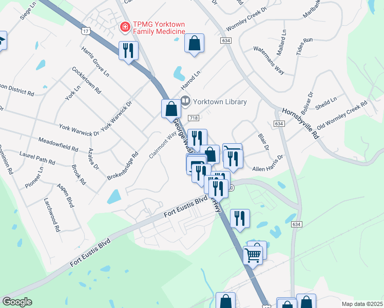 map of restaurants, bars, coffee shops, grocery stores, and more near 8301 George Washington Memorial Highway in Yorktown
