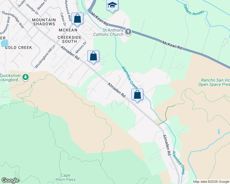 map of restaurants, bars, coffee shops, grocery stores, and more near 20081 Almaden Road in San Jose