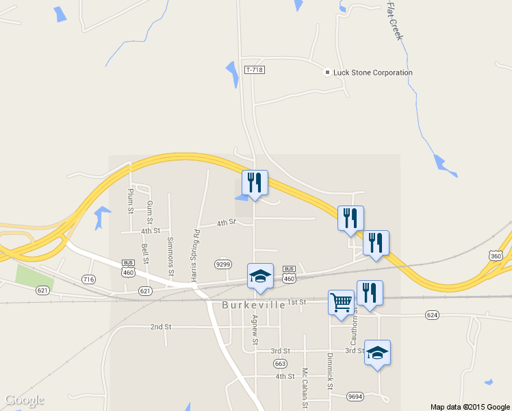 map of restaurants, bars, coffee shops, grocery stores, and more near Road 628 in Burkeville