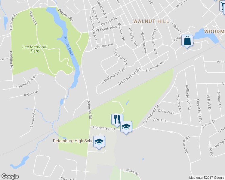 map of restaurants, bars, coffee shops, grocery stores, and more near 1200 Northampton Road in Petersburg