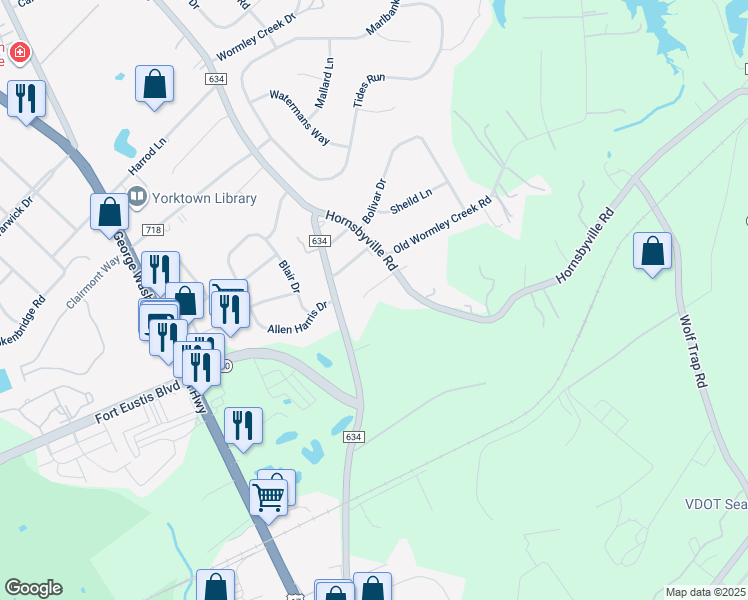 map of restaurants, bars, coffee shops, grocery stores, and more near 107 Melody Lane in Yorktown