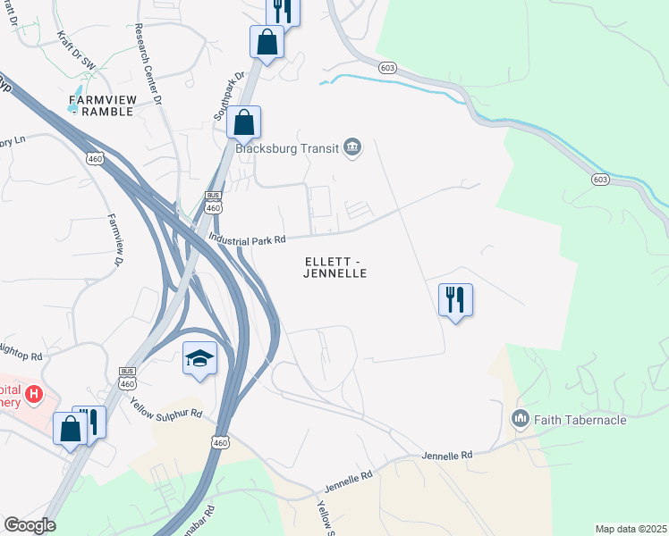map of restaurants, bars, coffee shops, grocery stores, and more near in Blacksburg