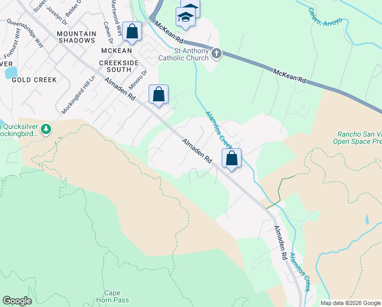 map of restaurants, bars, coffee shops, grocery stores, and more near 20081 Almaden Road in San Jose