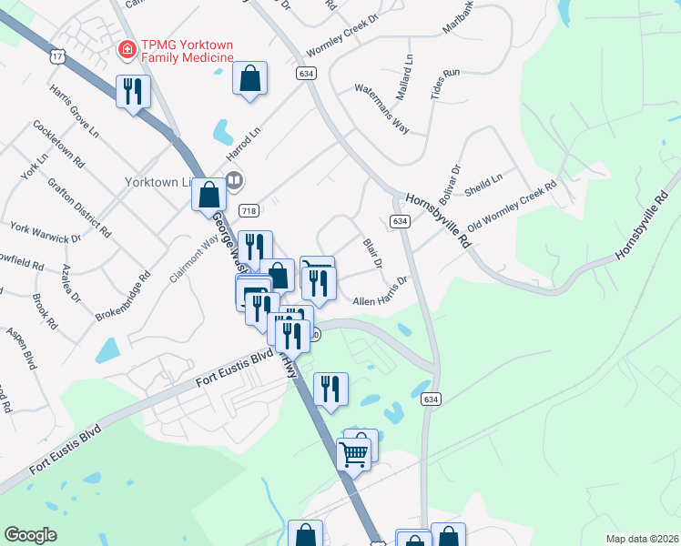 map of restaurants, bars, coffee shops, grocery stores, and more near 110 Mason Court in Yorktown