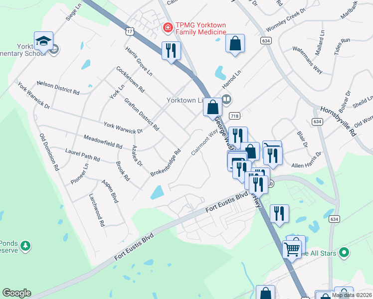 map of restaurants, bars, coffee shops, grocery stores, and more near 201 Brokenbridge Road in Yorktown
