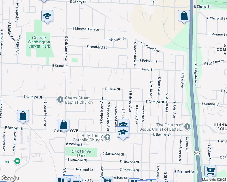 map of restaurants, bars, coffee shops, grocery stores, and more near 2864 East Loren Street in Springfield