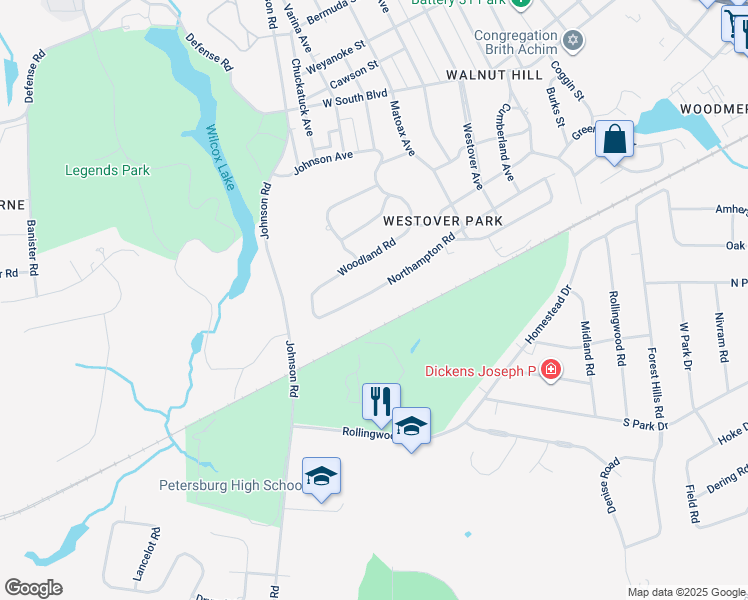 map of restaurants, bars, coffee shops, grocery stores, and more near 1172 Northampton Road in Petersburg