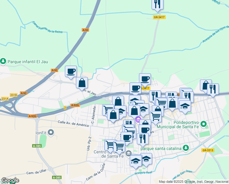 map of restaurants, bars, coffee shops, grocery stores, and more near 87 Carretera Granada Málaga in Santa Fé