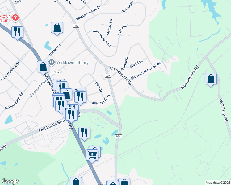 map of restaurants, bars, coffee shops, grocery stores, and more near 1112 Old York-Hampton Highway in Yorktown