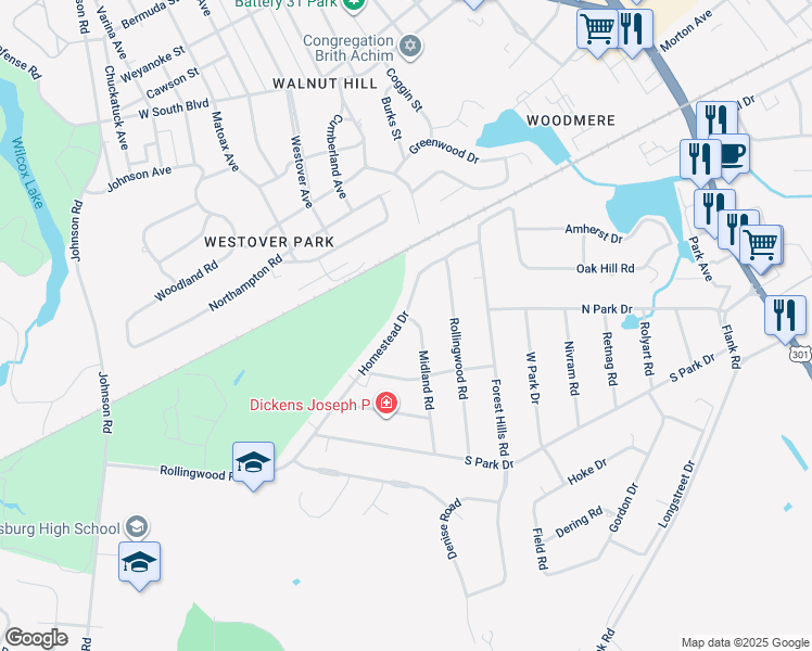 map of restaurants, bars, coffee shops, grocery stores, and more near 2809 Homestead Drive in Petersburg