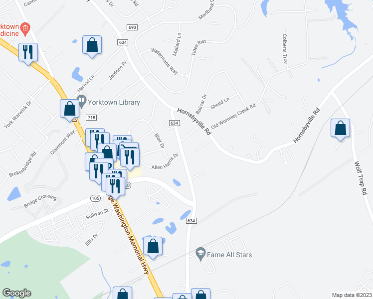 map of restaurants, bars, coffee shops, grocery stores, and more near 1112 Old York-Hampton Highway in Yorktown