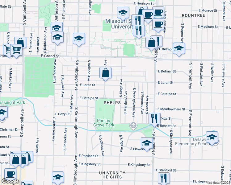 map of restaurants, bars, coffee shops, grocery stores, and more near 1166 South Virginia Avenue in Springfield