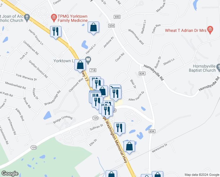map of restaurants, bars, coffee shops, grocery stores, and more near 300 Fleming Way in Yorktown
