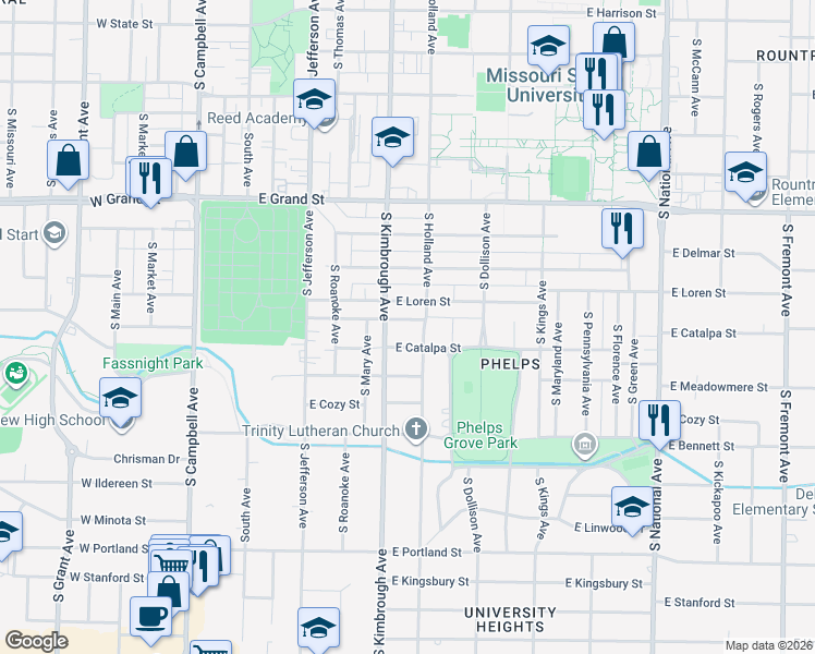 map of restaurants, bars, coffee shops, grocery stores, and more near 617 East Catalpa Street in Springfield