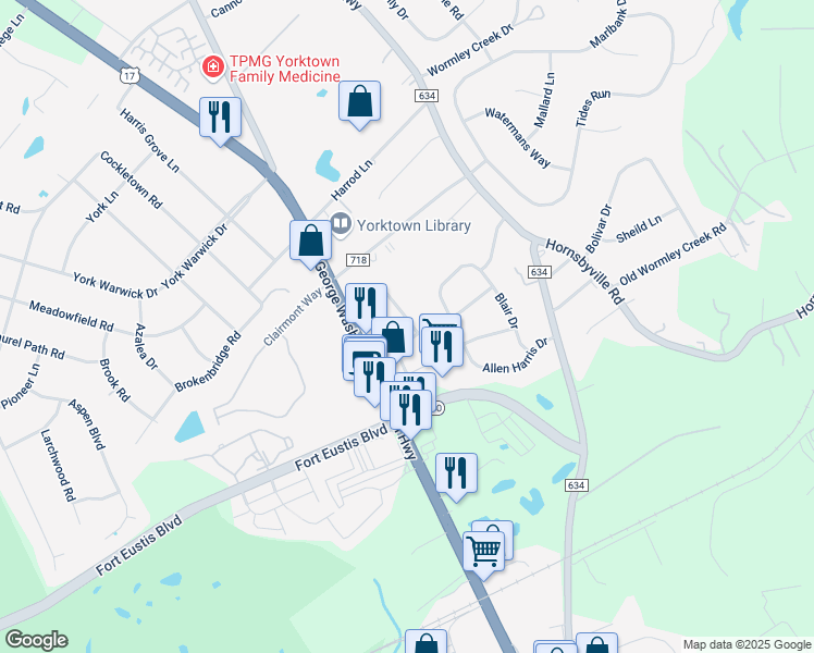 map of restaurants, bars, coffee shops, grocery stores, and more near 300 Fleming Way in Yorktown