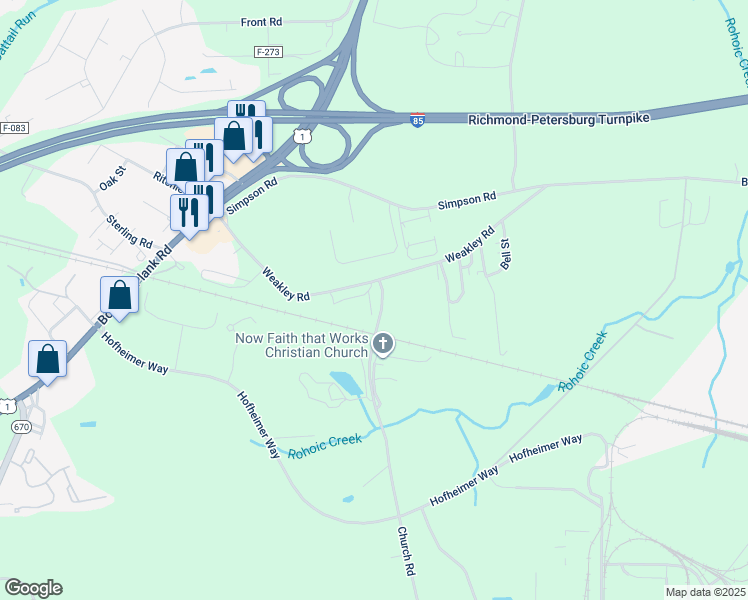 map of restaurants, bars, coffee shops, grocery stores, and more near 5701-5899 Church Road in Petersburg