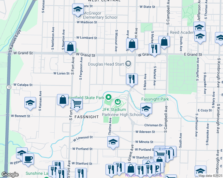 map of restaurants, bars, coffee shops, grocery stores, and more near 930 West Catalpa Street in Springfield