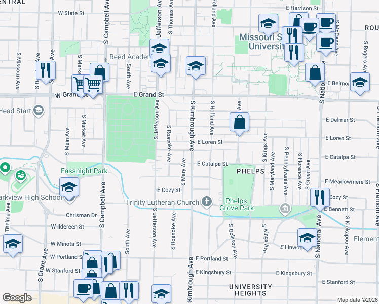 map of restaurants, bars, coffee shops, grocery stores, and more near 1169 South Mary Avenue in Springfield