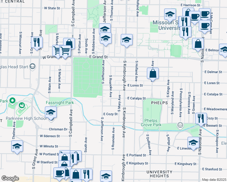 map of restaurants, bars, coffee shops, grocery stores, and more near 1169 South Mary Avenue in Springfield