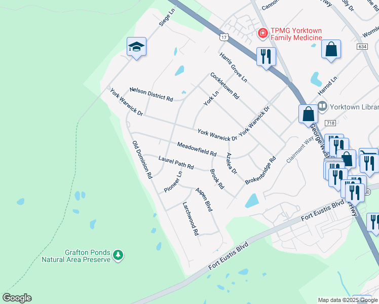 map of restaurants, bars, coffee shops, grocery stores, and more near 409 Meadowfield Road in Yorktown