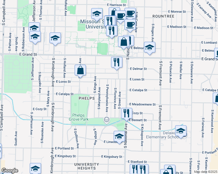 map of restaurants, bars, coffee shops, grocery stores, and more near 1154 South Pennsylvania Avenue in Springfield