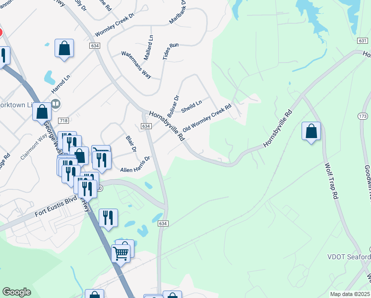 map of restaurants, bars, coffee shops, grocery stores, and more near 314 Hornsbyville Road in Yorktown