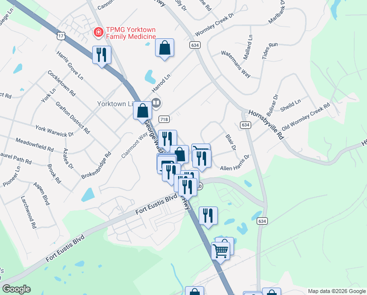 map of restaurants, bars, coffee shops, grocery stores, and more near 1004A Laydon Way in Yorktown