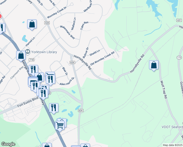 map of restaurants, bars, coffee shops, grocery stores, and more near 314 Hornsbyville Road in Yorktown
