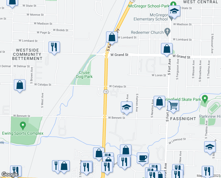 map of restaurants, bars, coffee shops, grocery stores, and more near 1744 West Catalpa Street in Springfield
