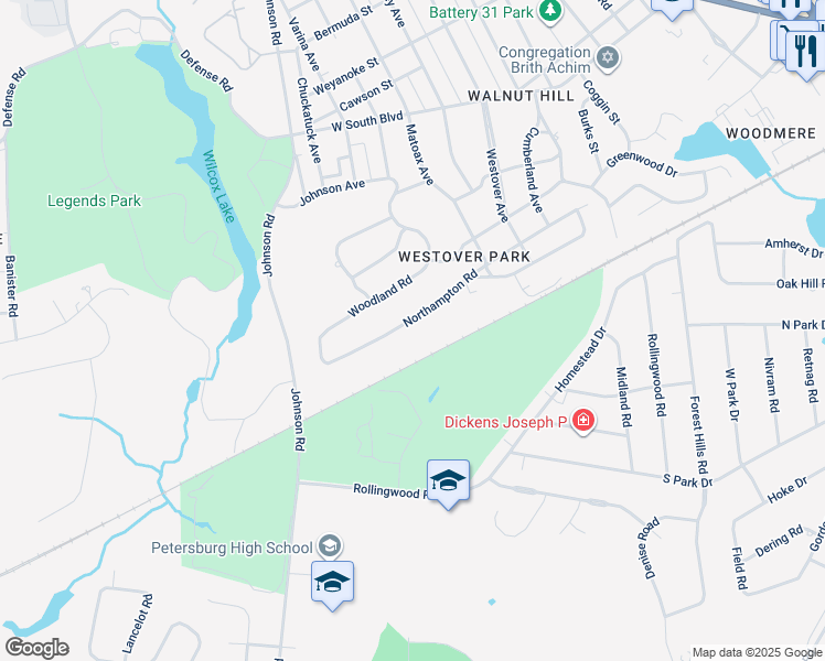 map of restaurants, bars, coffee shops, grocery stores, and more near 1148 Northampton Road in Petersburg