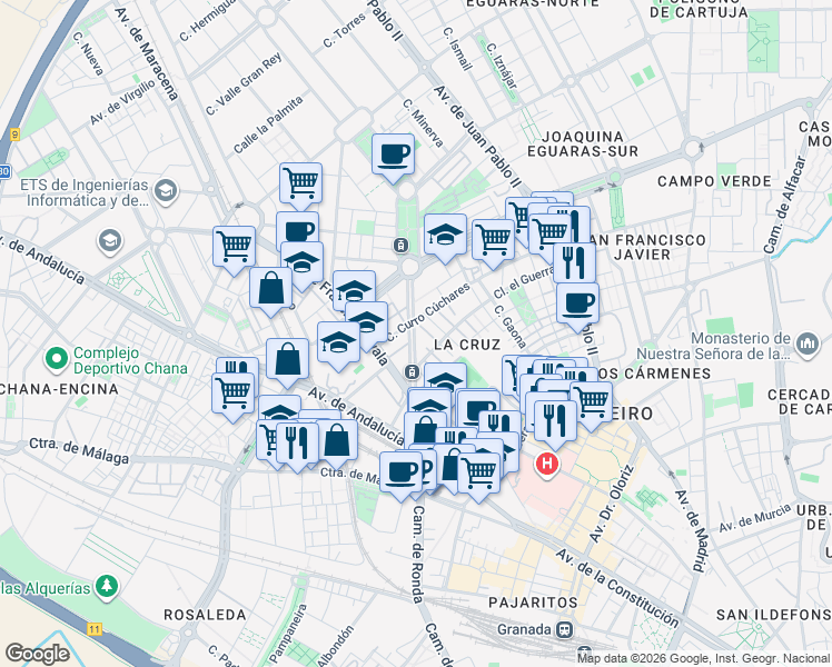 map of restaurants, bars, coffee shops, grocery stores, and more near 22 Calle Luis Amador in Granada