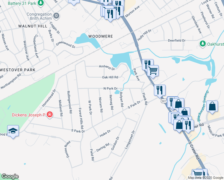 map of restaurants, bars, coffee shops, grocery stores, and more near 326 North Park Drive in Petersburg