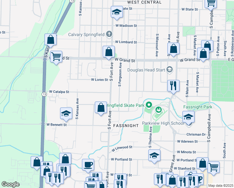 map of restaurants, bars, coffee shops, grocery stores, and more near 1231 South Ferguson Avenue in Springfield