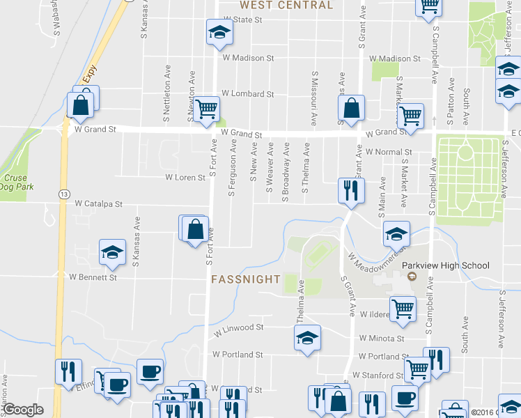 map of restaurants, bars, coffee shops, grocery stores, and more near 1042 West Catalpa Street in Springfield