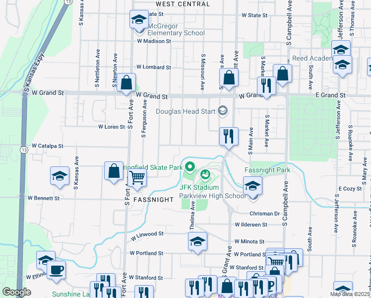 map of restaurants, bars, coffee shops, grocery stores, and more near 930 West Catalpa Street in Springfield