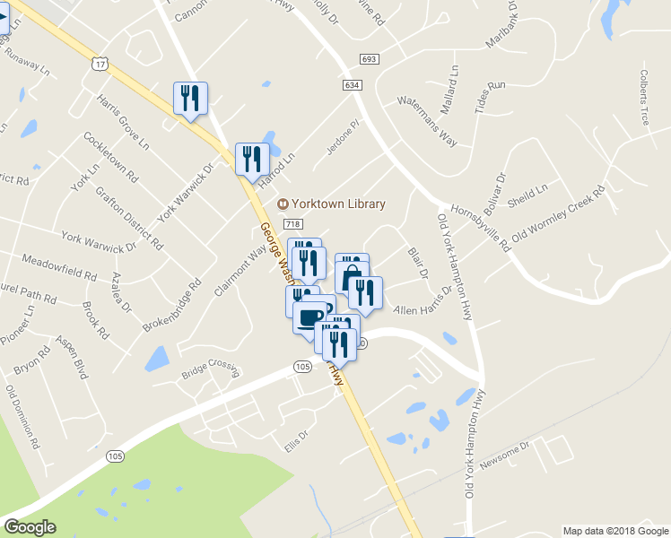map of restaurants, bars, coffee shops, grocery stores, and more near Fleming Way in Yorktown